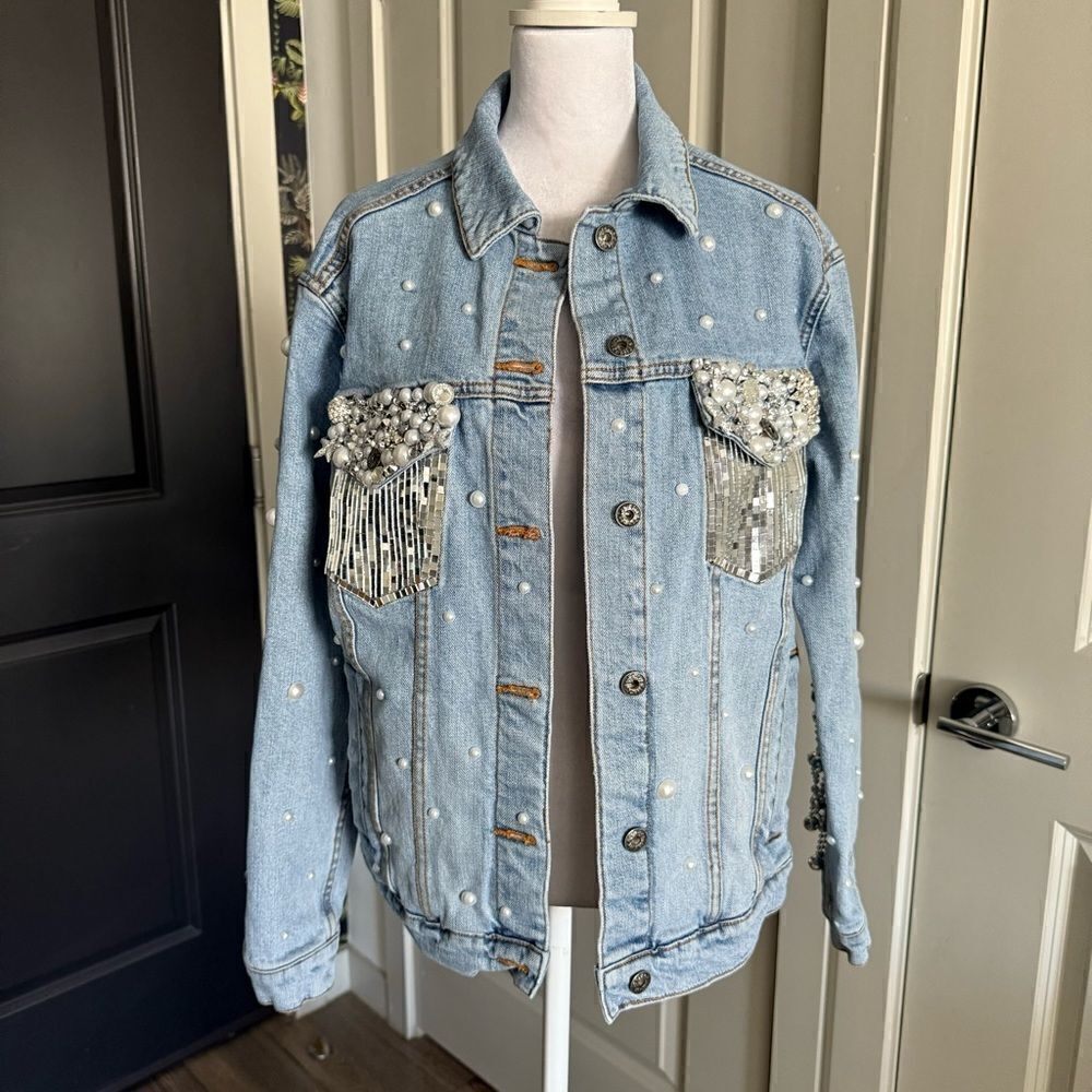 Custom Rhinestone and Pearl Bedazzled Disco Fringe Oversized Jean Jacket Size S